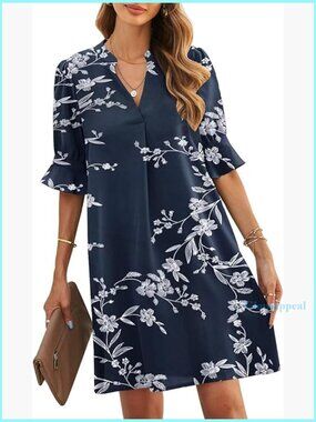 Knee Length Shift Dress V-Neck Ruffled Sleeves Polyester Casual Summer